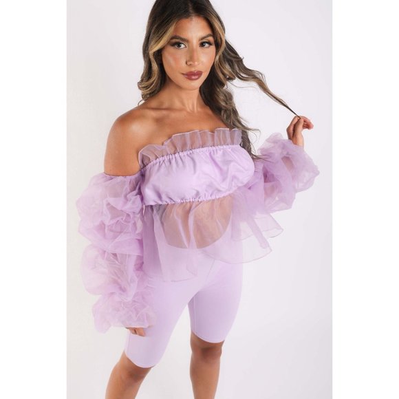 Women's Sexy Organza Sleeve Detailed Top and Matching Shorts 2 Piece Set holiday - Picture 12 of 12